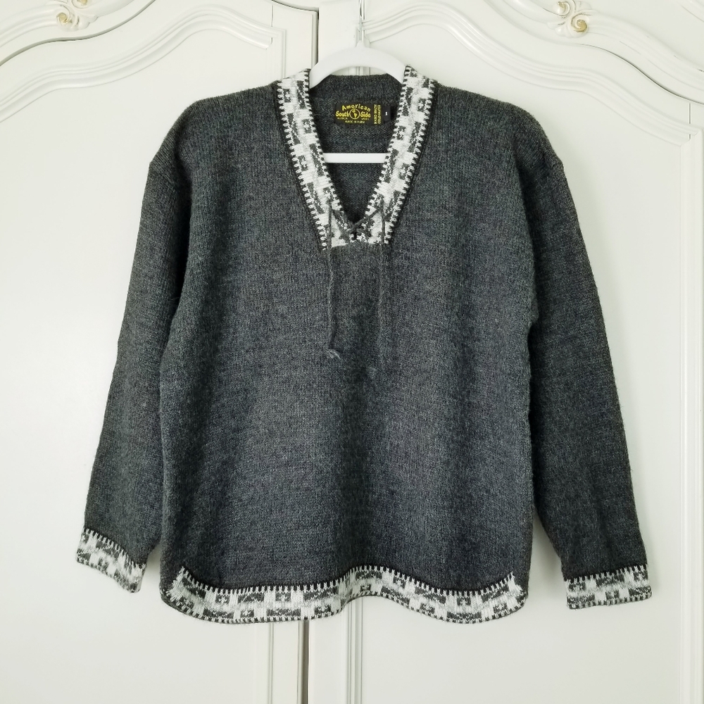 American South Side Gray Fair Isle Trim Alpaca Wool Pullover Sweater Medium